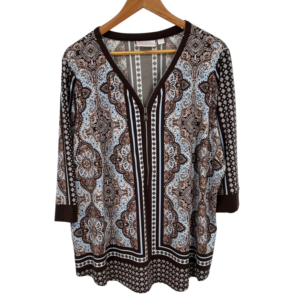 Belle by Kim Gravel Paisley Zip Front Tunic Top Brown Blue 1X - Picture 4 of 8